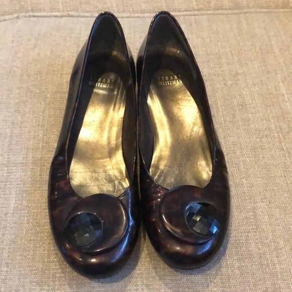 Stuart Weitzman Tortoise Shell Leather Wedge Flats 8M - Picture 2 of 9